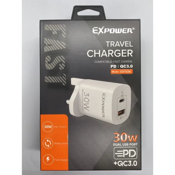 3028614149d914f871efea63954e7a81.webp EXPOWER TRAVEL CHARGER PD & QC 3.0 ADAPTIVE - 30W (ACC102)