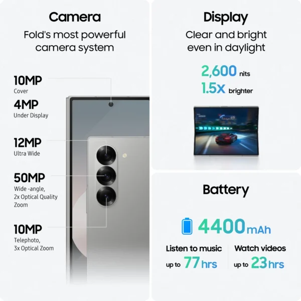 SAMSUNG Galaxy Z Fold6, AI Smartphone, Android, 12GB RAM, 50MP Camera, Big Screen, Multitasking, S Pen